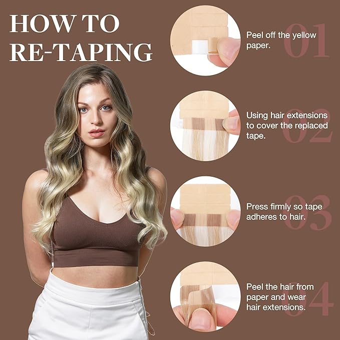 GOO GOO Tape in Hair Extensions Human Hair, 9/60 Balayage Ash Brown to Platinum Blonde, 20inch 50g 20pcs, Skin Weft Seamless Invisible, Silky Straight with Thick Ends, Remy Human Hair