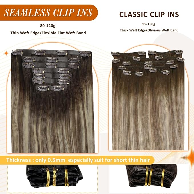Full Shine Balayage Human Hair Clip in Extensions Brown Ombre Clip in Hair Extension Light Brown Mix Blonde Invisible Hair Extension 18 Inch 120 G 8 PCS