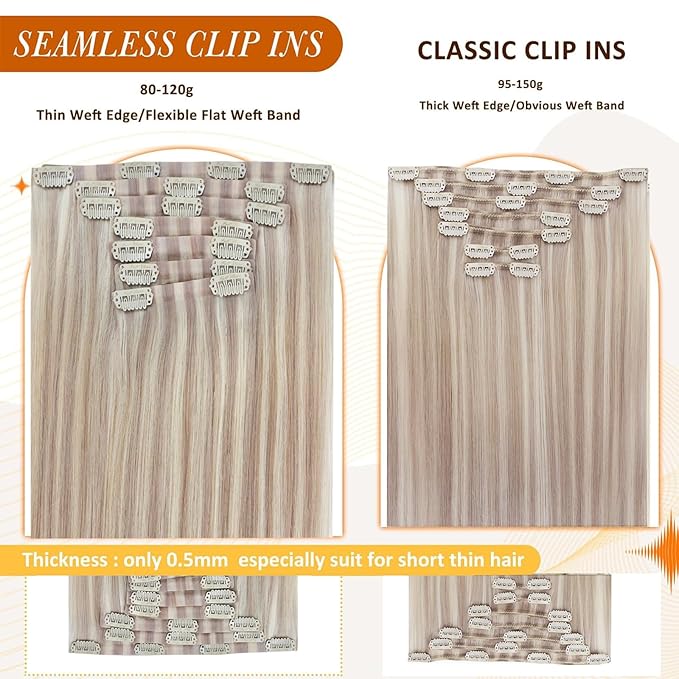 Full Shine Ash Blonde Clip in Extensions Human Hair 22 Inch PU Weft Real Hair Clip in Ash Blonde Highlights Platinum Blonde Silky Straight Remy Hair 8 PCS 120 G