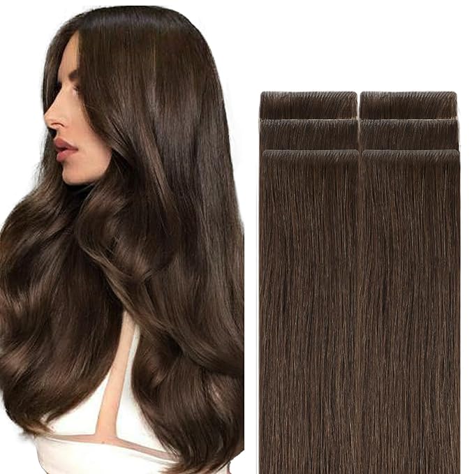 GOO GOO Invisi Edge Tape in Hair Extensions Human Hair, 4A Chocolate Brown, 6pcs 10inch 15g, Virgin Remy Hair, Seamless Injected Tape, Natural Look