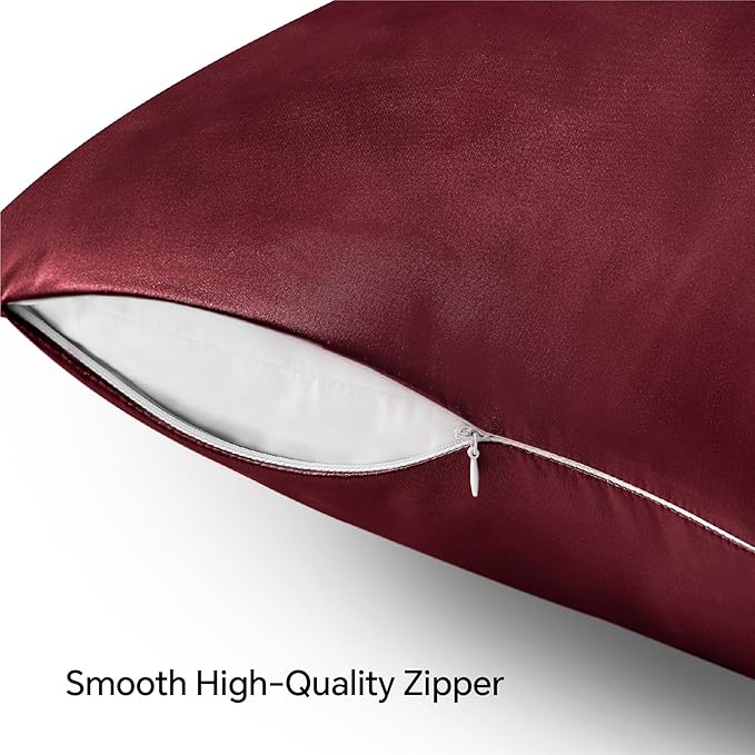 BEDELITE Satin Pillowcase with Zipper, Burgundy King Size Pillow Cases Set of 2, Super Soft and Cooling Similar to Silk Pillow Cases, Gift for Women Men(20x36 Inches)