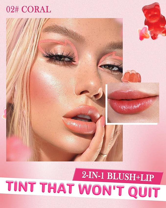 Makeup Jelly Tint,Cooling Water Jelly Tint Coral Blush Stick, Sheer Lip & Cheek Tint Stain, Long Lasting Waterproof Jelly Blush Lip Gloss, Vivid Color, Non-Sticky, Buildable Tinted Jelly Lip Stains-02