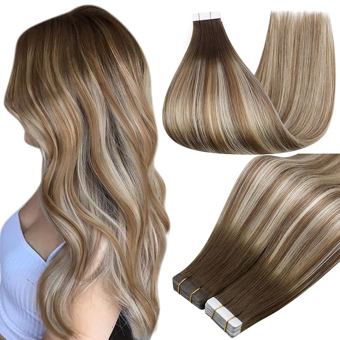Full Shine Balayage Tape in Hair Extensions Human Hair Color 3/8/22 Darker Brown to Ash Brown Highlights Blonde Hair Extensions Tape ins 50G Seamless Natural Skin Weft Human Hair 20Pcs 22Inch