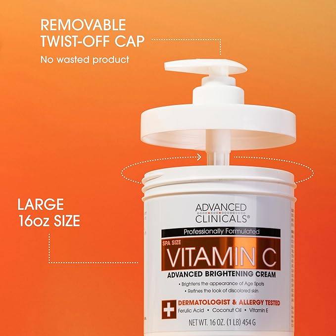 Advanced Clinicals Vitamin C Face & Body Cream Moisturizing Skin Care Lotion, Anti Aging Vitamin C Skincare Moisturizer For Body, Face, Age Spots, Wrinkles, & Sun Damaged Skin, Large 16oz (2-Pack)