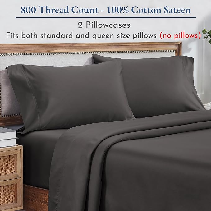 California Design Den Heirloom Soft, Smooth & Thick Certified 800 Thread Count 100% Cotton Sateen, 2 Pillow Cases Standard Size Fits Standard & Queen Size Pillows (Grey)