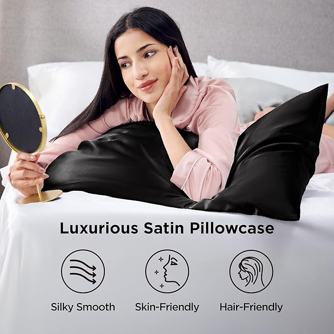 Bedsure Satin Pillowcase 2 Pack Similar to Silk Pillow Cases Standard Size, Pillow Case for Sleeping Women with Envelope Closure, Gifts for Women Men, Black, 20x26 Inches, 2pcs
