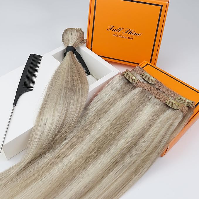 Full Shine Blonde Clip in Hair Extensions Highlights Light Blonde Real Human Hair 16 Inch Invisible Human Hair Clip ins for Women Natural Hair Add Volume 60 Grams 3Pcs