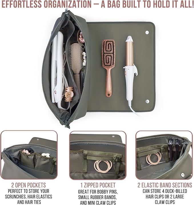 BAREFOOT CARIBOU Hair Tools Travel Bag and Heat Resistant Mat for Flat Irons, Straighteners, Curling Iron, and Haircare Accessories, 2-in-1 design, with Interior Pockets, Portable Organizer