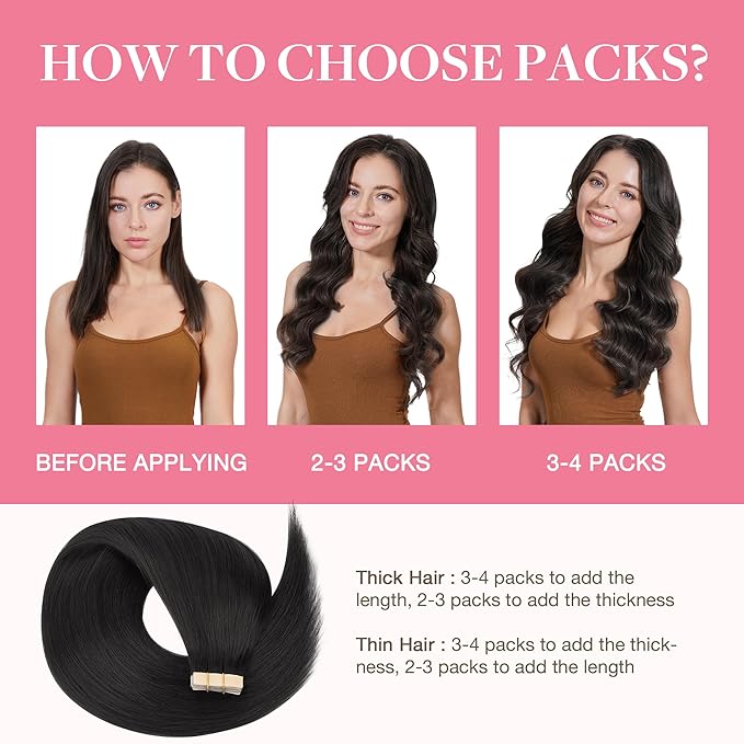 GOO GOO Tape in Hair Extensions Human Hair, 1B Natural black, 10inch 60g 40pcs, Skin Weft Seamless Invisible, Silky Straight with Thick Ends, Remy Human Hair