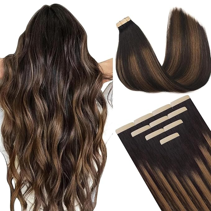 DOORES Tape in Human Hair Extensions, Balayage Dark Brown to Chestnut Brown30g 10pcs 22 Inch, Hair Extensions Tape in Straight Skin Weft Remy Hair Extensions