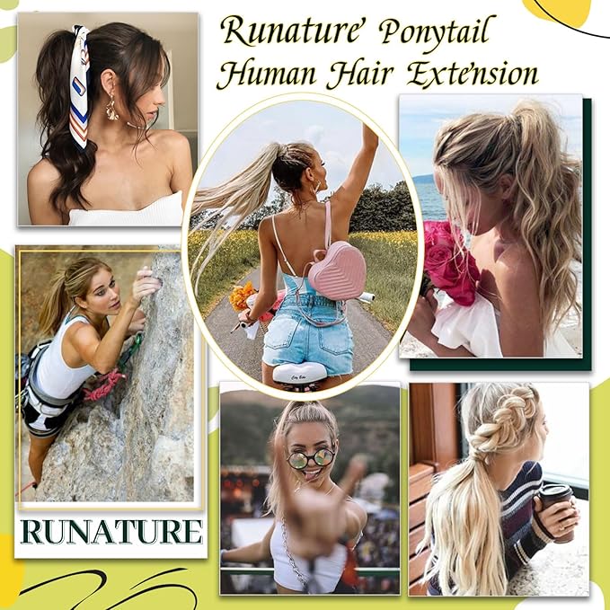 RUNATURE Ponytail Extension Human Hair Blonde, Real Human Hair Ponytail, Wrap Around Ponytail Hair Extensions Remy Straight Hair 18 Inch 80g #18P613 Ash Blonde Highlight Platinum Blonde