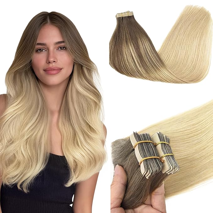 GOO GOO Tape in Hair Extensions Human Hair, 4/18 Balayage Chocolate Brown Highlighted Dirty Blonde, 20inch 50g 20pcs, Skin Weft Seamless Invisible, Silky Straight with Thick Ends, Remy Human Hair