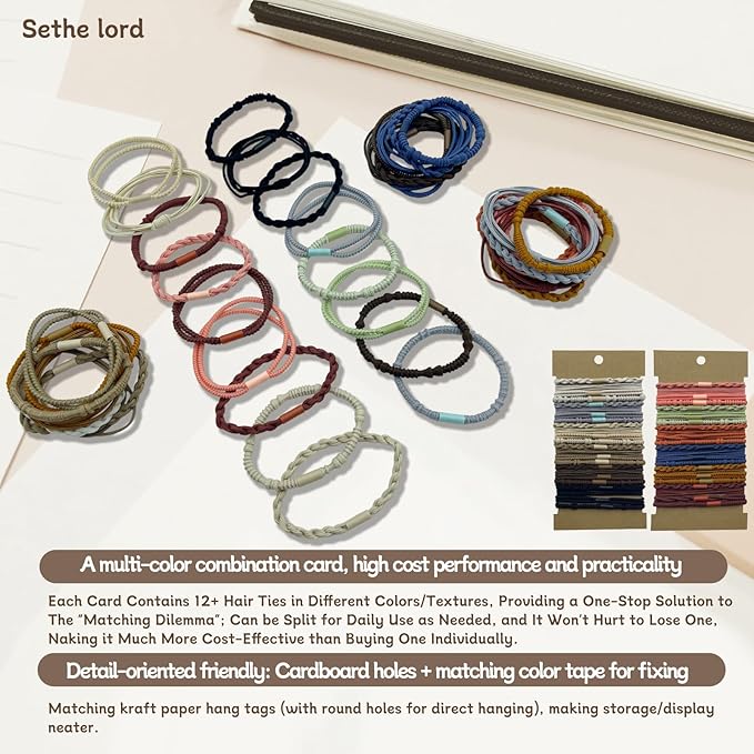 48 Pcs Boho Hair Ties - Morandi & Earth Tone Elastic Hair Bands, No Crease Durable Hair Accessories for Women Girls, Multi - Color Handmade Hair Ropes with Kraft Paper Hanging Card