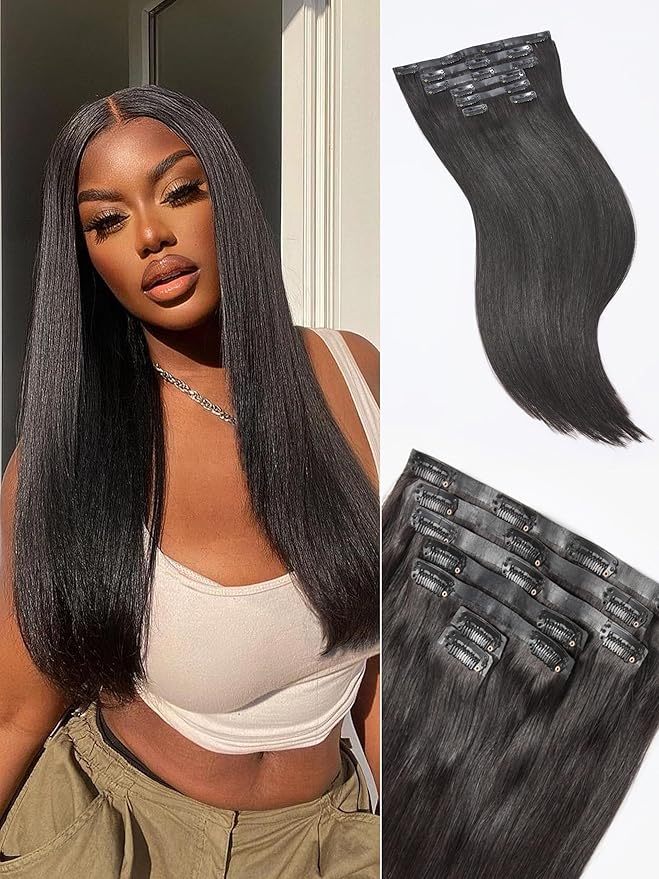 LUVME Yaki Straight Seamless 110g 7Pcs Clip in Hair Extensions Full Max with 22inch Remy Human Hair Extensions, Natural Black 100% Real Soft Hair