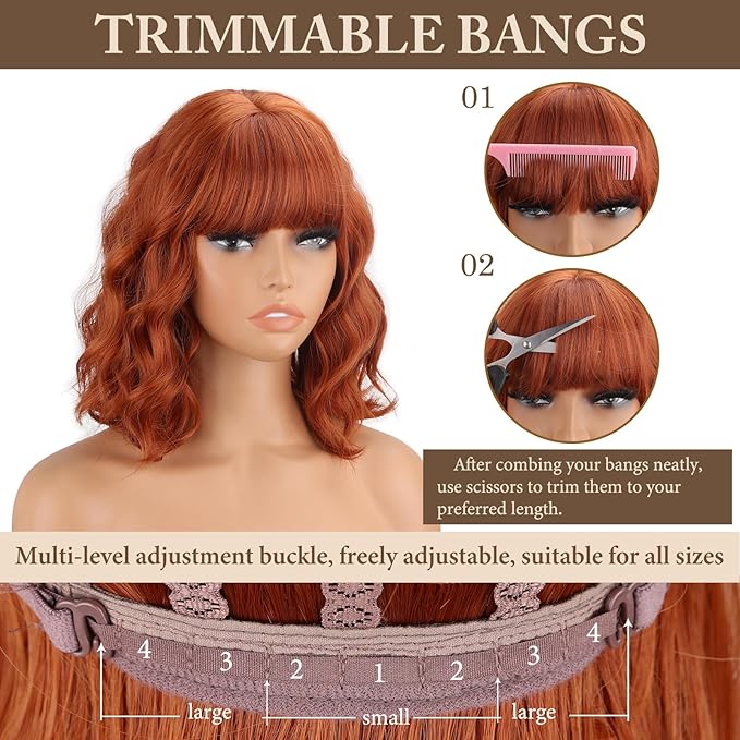 MISSQUEEN Orange Wavy Wigs With Bangs Curly Short Bob Wigs for Women for Heat Resistant Fiber Synthetic Colorful Wig for Daily Party Cosplay Chrismas Halloween Used