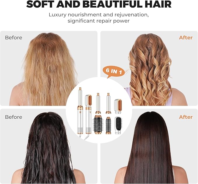 6 in 1 Blow Dryer Brush Set,Hot Air Styler Negative Ion Air Curling Wrap Air Curler, Round Brush Blow Dryer Curling Iron Hair Styling Tools Gift for Dry,Volumize, Straight,Curl,100-120V