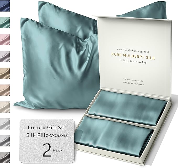 Colorado Home Co 22 Momme Real Silk Pillowcase, Mineral Blue, 2 Pack King Pillowcase, 20" x 36"