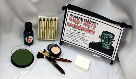 Frankenstein Monster Makeup Kit By Bloody Mary - Special Effects Halloween Costume Decoration - Professional Foundation Makeup, FX Blood, 5 Crayons, Setting Powder, 4 Brushes, Sponge & Zippered Case