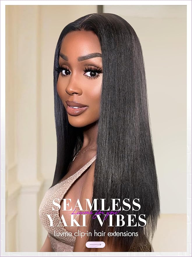 LUVME Yaki Straight Seamless 70g 4Pcs Clip in Hair Extensions Full Max with 22inch Remy Human Hair Clip ins Extensions, Natural Black 100% Real Soft Hair