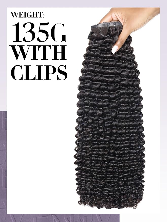LUVME Kinky Curly Clip ins for Women, Seamless PU Weft Curly Clip in Hair Extensions Human Hair Brazilian Remy Human Hair Natural Black Clip ins 135g 9pcs 18Inch
