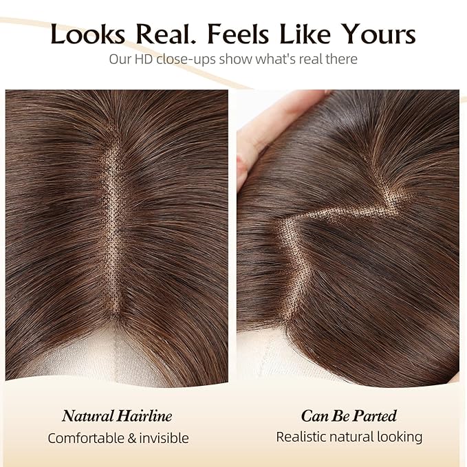 MONO TOP Hair Toppers for Women Human Hair 12 Inch 7"×8" Big Base Partial wig Cover Thinning Hair or Loss No Bangs Top Hair Pieces Natural Wiglets (Brown)