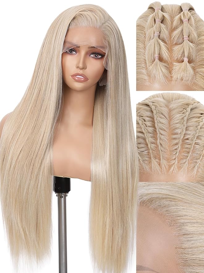 WIGNEE 13x6 Synthetic Lace Front Wig 28" Ash Blonde Wig Pre-Plucked Handmade Lace Front Wigs with Kanekalon Futura Hair Voluminous Long Straight Synthetic Wigs for Daily Party Use