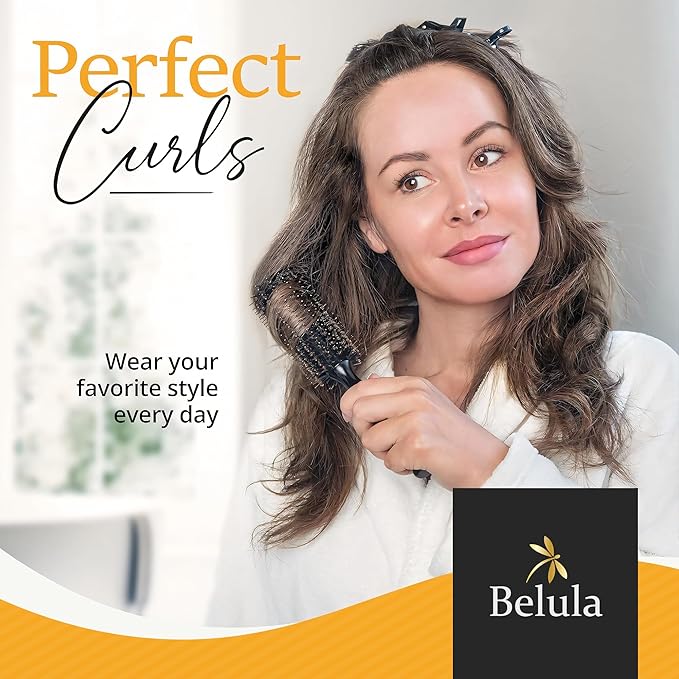 Boar Bristle Round Brush for Blow Out Set by Belula. Round Hair Brush For Blow Drying. Medium 2.4” Wooden Barrel. Hairbrush Ideal to Add Volume and Body. Free 3 x Hair Clips & Travel Bag