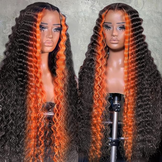 250 density Ginger Deep Wave Lace Front Wigs Human Hair Pre Plucked Hairline Glueless Wigs for Women 13x6 HD Lace Front Wigs Ginger Orange Curly Human Hair Wig Brazilian Hair 30 Inch