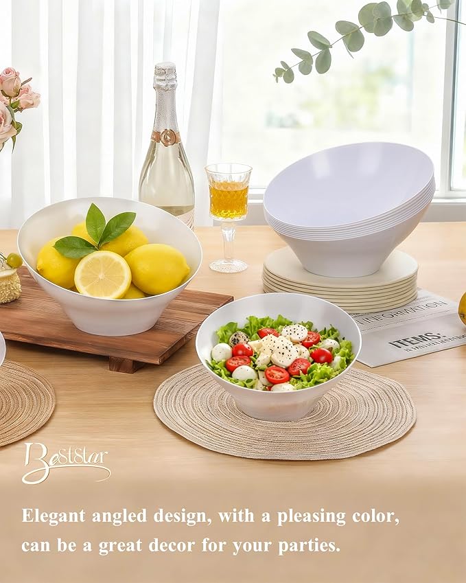 BESTSTAR 54OZ Plastic White Serving Bowls 8 Pack– Angled Disposable Party Bowls for Chips, Salad, Fruit & Candy – Heavy Duty Clear Serving Bowls for Parties, Buffet, Catering, Christmas