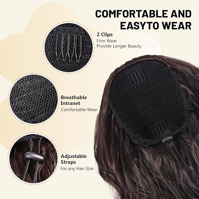 LEEONS 26 inch Drawstring ponytail Extension, Long Wavy pony tails hair extensions for Women - Synthetic Hairpiece Ponytail for Daily Use (Dark Brown)