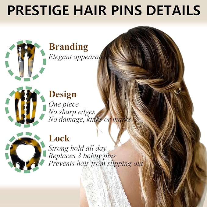 6 Pack Prestige Hair Pins for Women, 3.15" Medium French Hair Pins for Thin & Thick Hair, Curved Anti-Slip Design for Better Hold, Perfect Holiday Gift for Her