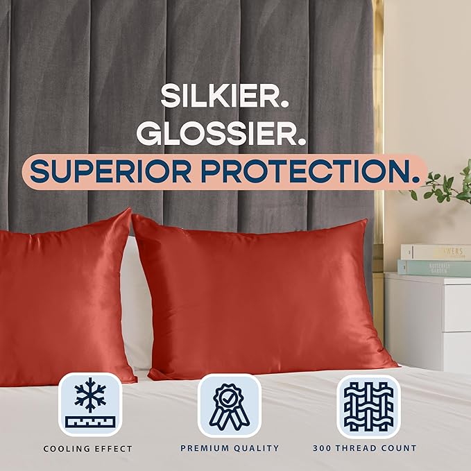 BLISSFORD Satin Pillowcase with Zipper, for Hair and Skin Care, Feels Soft and Cool Like a Silk Pillowcase, Satin Pillow Cases 2 Pack, Slik Pillow Cover, Rust - Standard Size, Set of 2