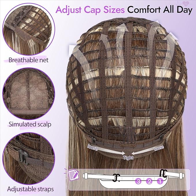 Wig with Bangs for Women Ash Blonde with Silver Highlights-Dark Roots Straight Face-Framing Layers Hairstyle 4x4 Realistic Scalp Glueless Synthetic Wigs Medium Length for Everyday Use