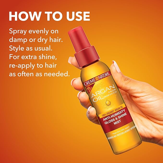 Creme of Nature Anti-Humidity Gloss & Shine Mist, Lightweight Frizz Control and Heat Protection with 100% Organic Argan Oil, Stocking Stuffer for Her, 4 oz