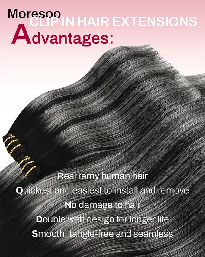 Moresoo Black And Grey Clip in Hair Extensions Ombre Natural Black to Silver Grey Hair Extensions Real Human Hair Clip ins Short Remy Straight 80g/5pcs 10 inch