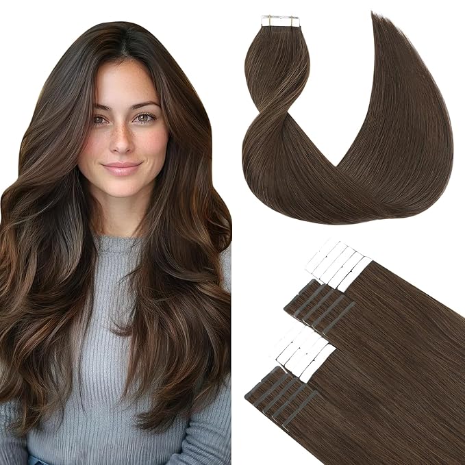 SURNEL Tape in Hair Extensions Human Hair 16 inch Tape in Extensions Color 4 Medium Brown Remy Tape Hair Extensions 20 pcs 50g(#4-16)