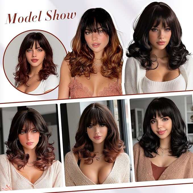 Wig with Bangs for Women | 16 Inch Layered Body Wave Synthetic Wig | Heat Resistant Yaki Fiber Natural Looking Shoulder Length Wigs | Synthetic Wig for Daily Wear - Auburn Mix Dark Brown