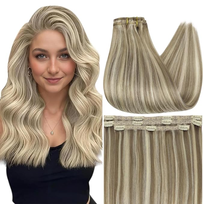 Full Shine Human Hair Clip in Extensions for Woman Balayage Ash Brown Hair Extensions Clip ins Light Blonde Highlight Invisible Lace 12 Inch for Short Hair Ease of Use 3 PCS 60 G