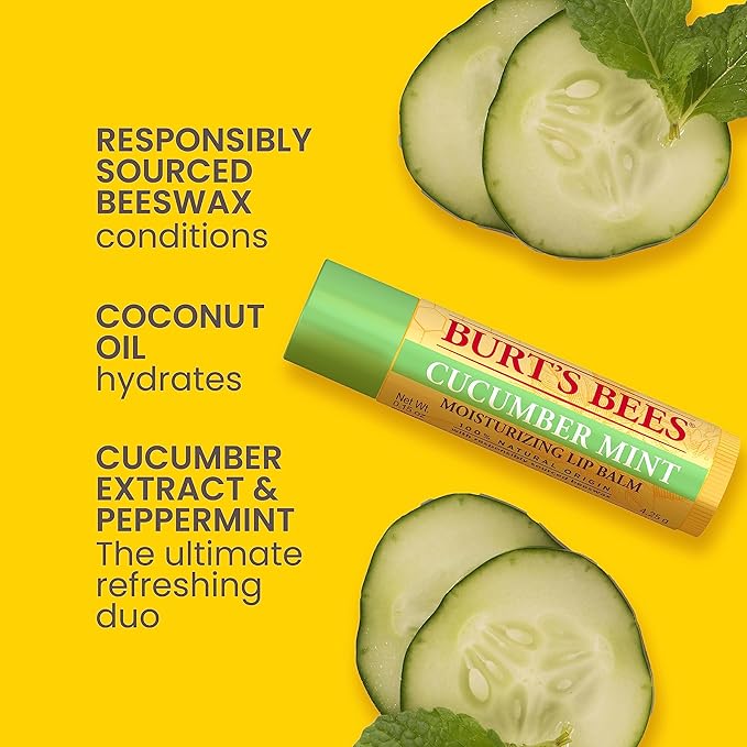 Burt's Bees Lip Balm - Original Beeswax, Cucumber Mint, Watermelon & Sweet Mandarin, With Responsibly Sourced Beeswax, Tint-Free, Natural Origin Treatment, 4 Tubes, 0.15 oz.