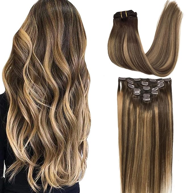 GOO GOO Clip in Hair Extensions Real Human Hair, Remy Human Hair Extensions Clip ins for Women, Natural Human Hair, 24inch 120g 7Pcs, 4/27/4 Balayage Chocolate Brown to Caramel Blonde