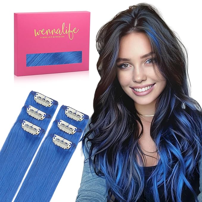 WENNALIFE Blue Clip in Hair Extensions Real Human Hair 35g 6pcs 20 Inch Colored Hair Extensions for Kids Women Colorful Hair Pieces Pop-up Style Straight Extensiones De Cabello Humano Con Clip