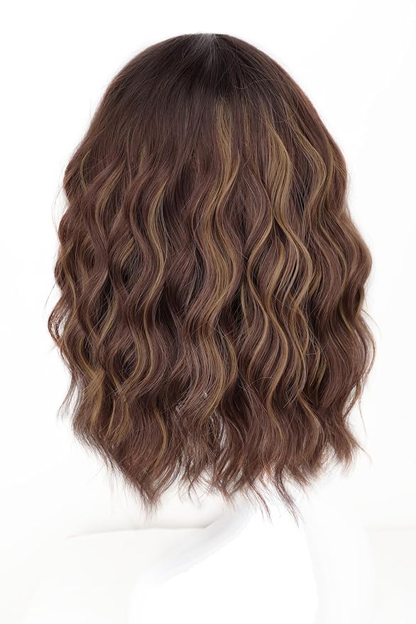 AISI HAIR Curly Bob Wig with Bangs Short Wavy Chestnut Mixed Dark Brown Color Wigs for Women Bob Style Synthetic Heat Resistant Bob Wigs