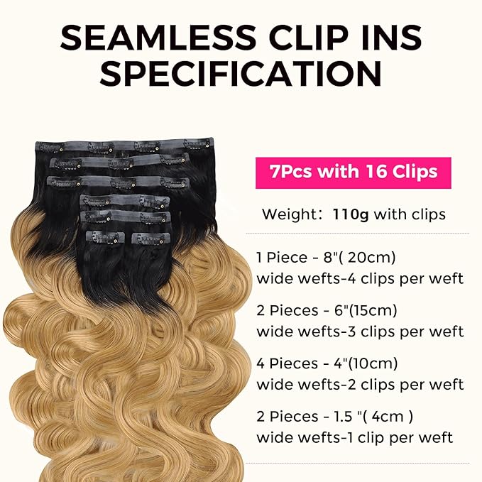 Lashey Seamless Clip in Hair Extensions Human Hair Body Wave 24 Inch Clip ins 110g 7pcs Ombre Natural Black to Honey Blonde Human Hair Extensions for Women