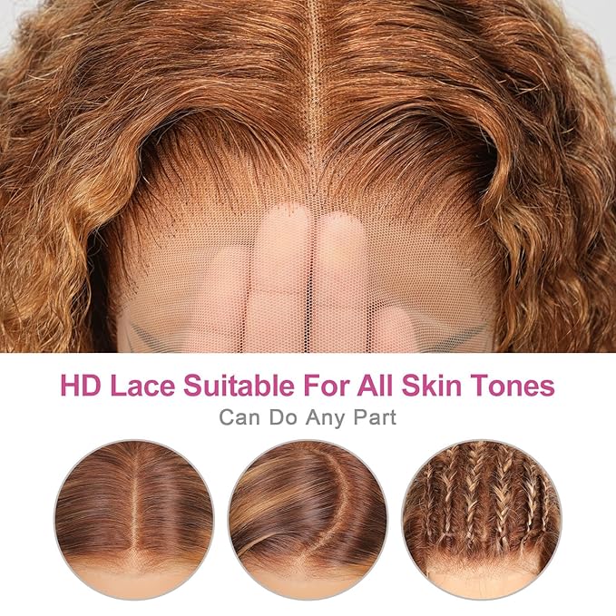 210% Density 13x6 Highlight Ombre Full Lace Frontal Wigs Human Hair 12A Deep Wave Brazilian Human Hair Pre Plucked 4/27 Honey Blonde HD Glueless Transparent Lace 24 Inch