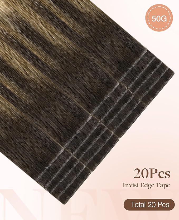 GOO GOO Invisi Edge Tape in Hair Extensions Human Hair, 2/6/18 Balayage Brown to Dirty Blonde, 20pcs 16inch 50g, Virgin Remy Hair, Seamless Injected Tape, Natural Look