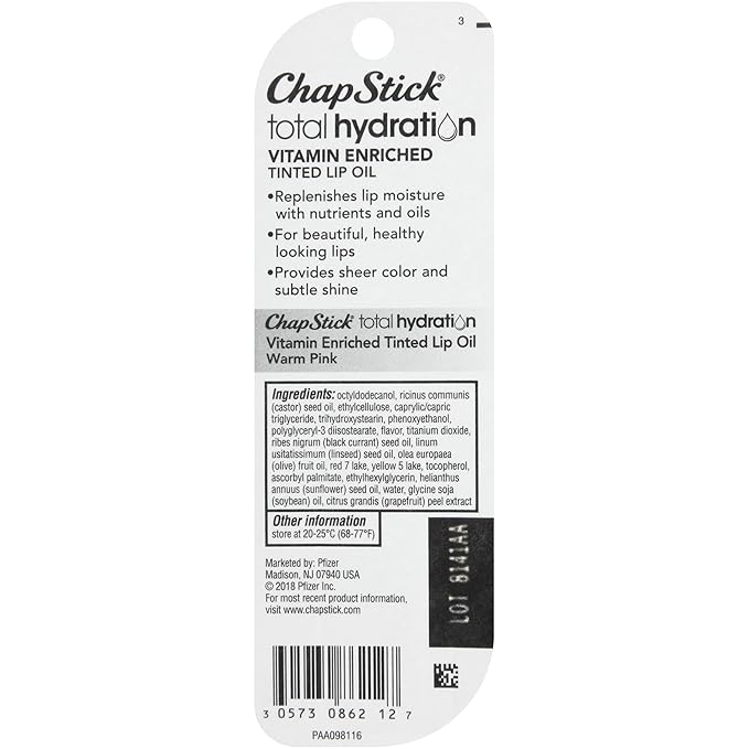 ChapStick Total Hydration Vitamin Enriched Warm Pink Tinted Lip Oil Tube, Lip Care - 0.24 Oz