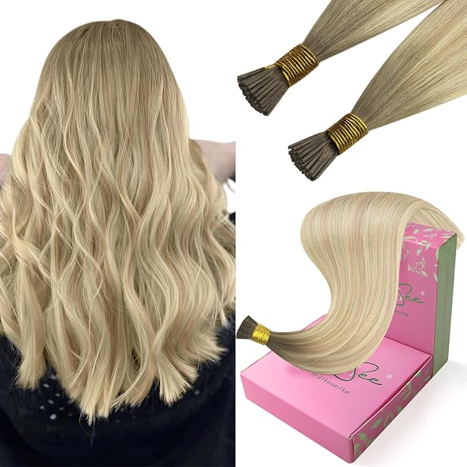 YoungSee I Tip Hair Extensions Human Hair Ombre I Tip Human Hair Extensions Blonde Balayage Platinum Blonde Itip Hair Extension 24 Inch 50g 50s Soft and Lightweight Hair for Long Hair