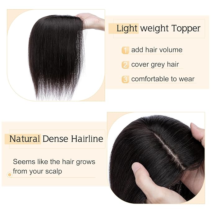 SEGO Human Hair Toppers for Women With Thinning Hair, 7 * 13CM Silk Base 100% Real Human Hair Clip in Top Wiglet Hairpieces -16 Inch No Bangs Natural Black