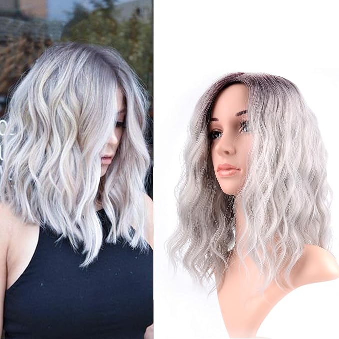 FAELBATY 14" Short Curly Bob Grey Wigs Shoulder Length Side Part Women's Short Wig for Girl Halloween Costume Cosplay Wigs Ombre Purple Grey Color