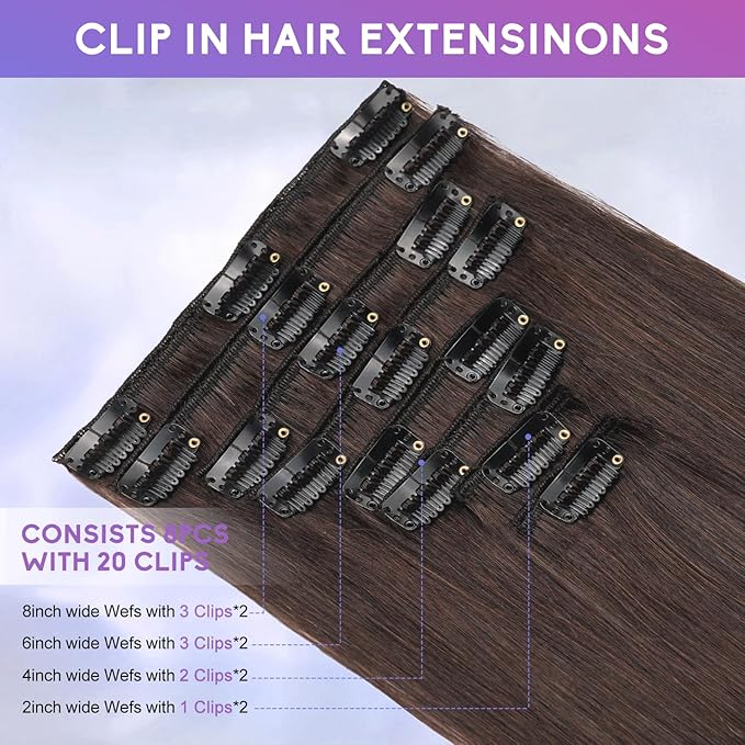 Dark Brown Clip in Hair Extensions Real Human Hair Invisible Seamless Remy Human Hair Clip in Extensions for Women 26 Inch 130g, 8pcs Per Set with Double Weft